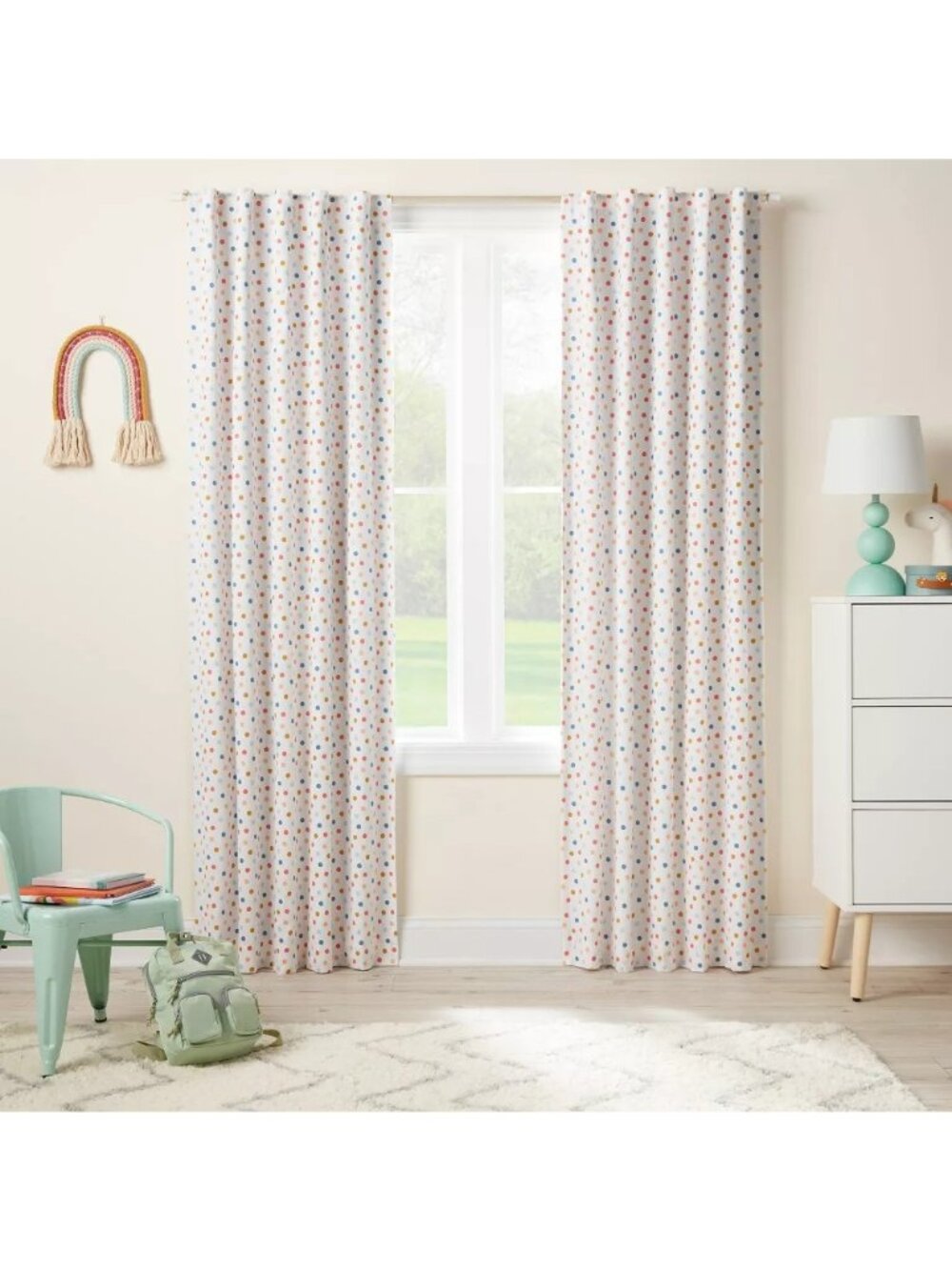 Pillowfort White & Colorful Dots Blackout Single Curtain Panel 42" x 84" NWOT